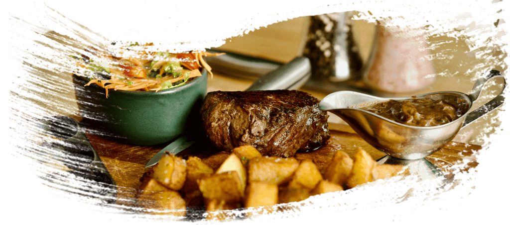 Wagyu Flank Steak, Bavette, 250g and Fried Potatoes at the French Market Koh Tao and Bangkok, Thailand